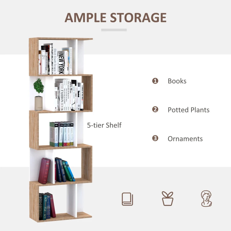 5-Tier Natural Wood S-Shaped Bookcase