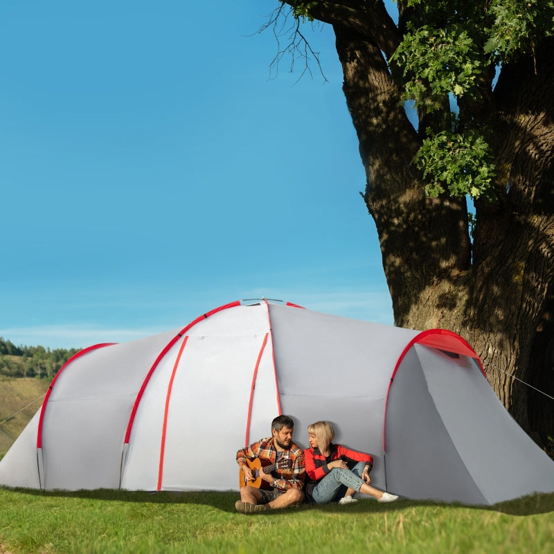 4-Person Tunnel Camping Tent with 2 Bedrooms and Living Room - Grey/Red