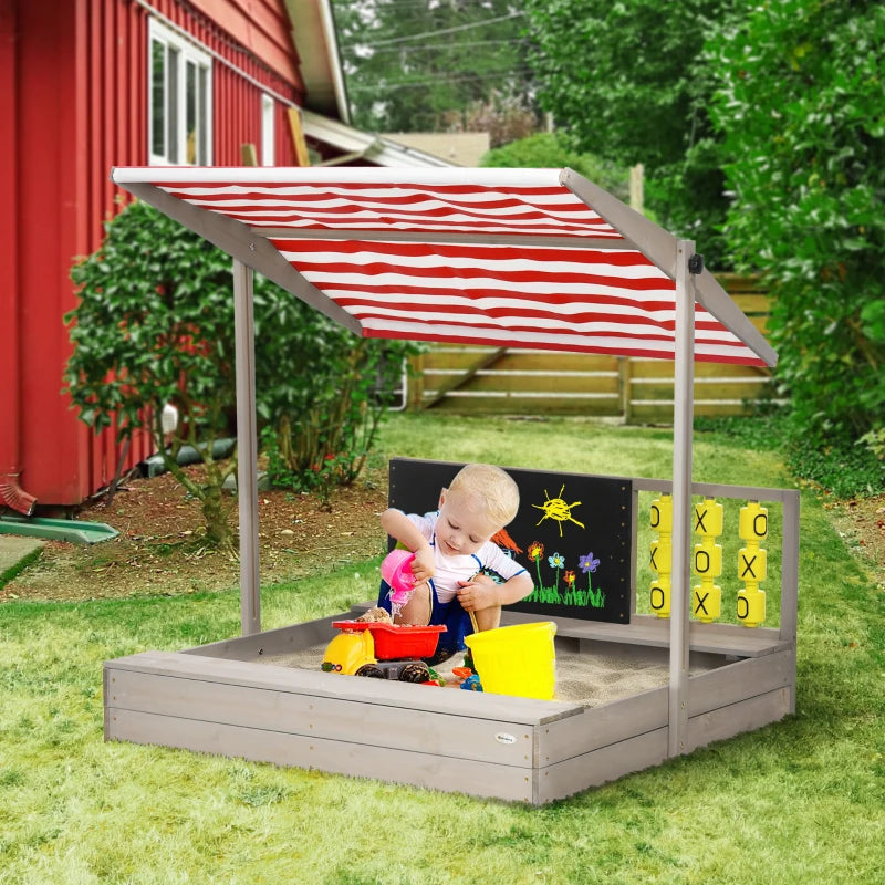 Grey Kids Wooden Sandpit with Canopy and Seats for Gardens