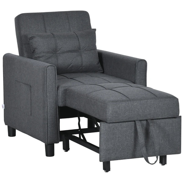 Grey Convertible Sleeper Chair with Adjustable Backrest and Side Pockets