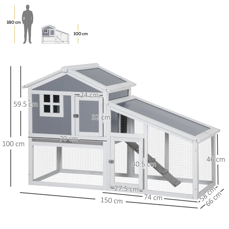 Grey Two-Tier Rabbit Hutch with Sunlight Panel Roof & Slide-Out Tray