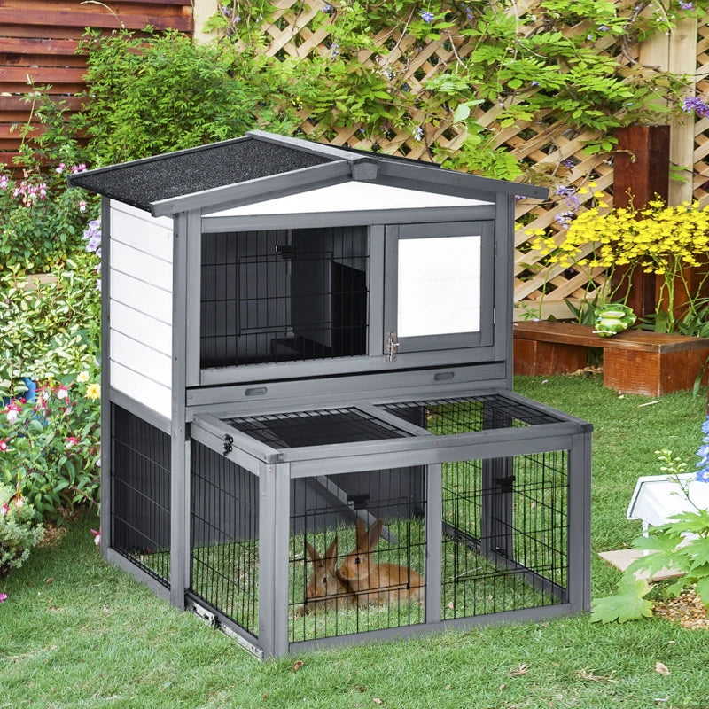 Grey 2 Tier Wooden Small Animal Hutch with Run and Ramp - 101.5 x 90 x 100 cm