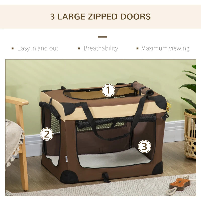 Foldable Brown Pet Carrier with Cushion - 70cm for Small Dogs and Cats