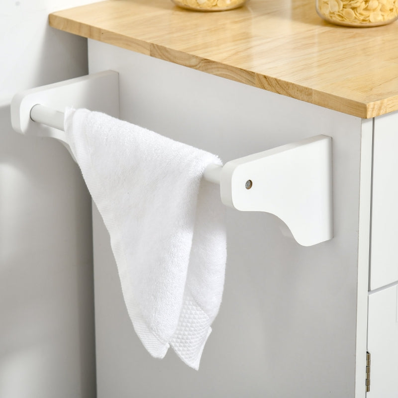 White Modern Kitchen Island Cart with Rubberwood Top and Drawers