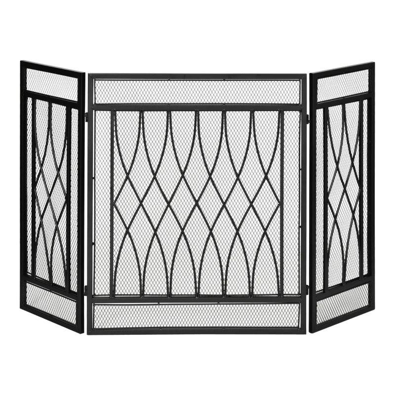 Black Metal Mesh Fireplace Screen - 3-Panel, 126 x 3 x 80 cm