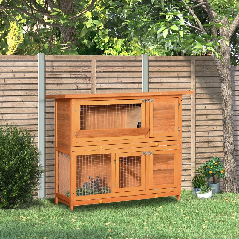 Wooden Outdoor Rabbit Hutch with Run, Double Decker - Brown 122 x 48 x 100 cm