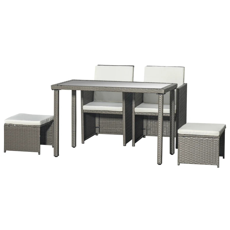 5-Piece Grey Rattan Dining Set with Cushioned Armchairs and Glass Table