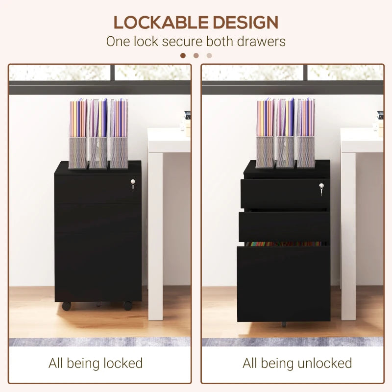 Black 3-Drawer Steel Filing Cabinet with Lock and Wheels