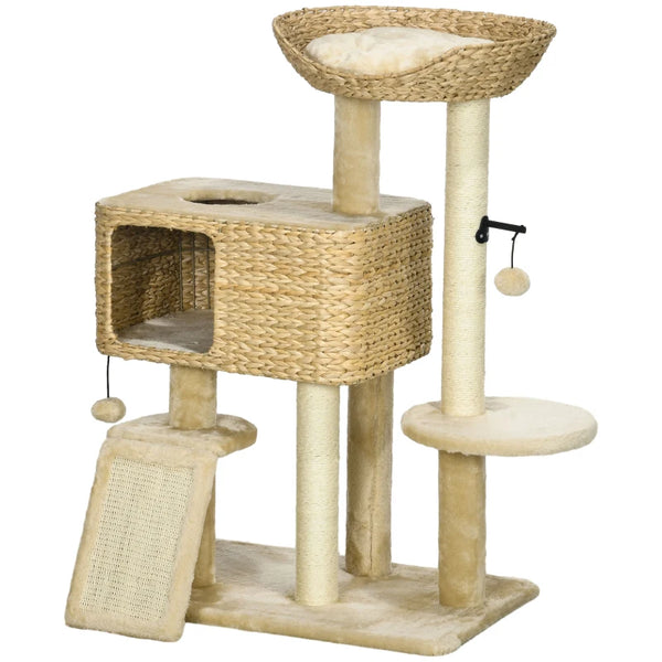 Beige Cat Tree Tower with Scratching Post and Toy Ball