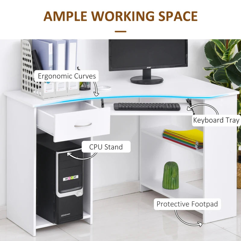 White L-Shaped Computer Desk with Shelves & Drawer