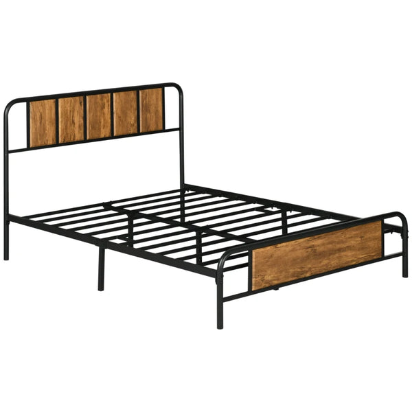 Rustic Brown Double Bed Frame with Industrial Wood Headboard and Underbed Storage