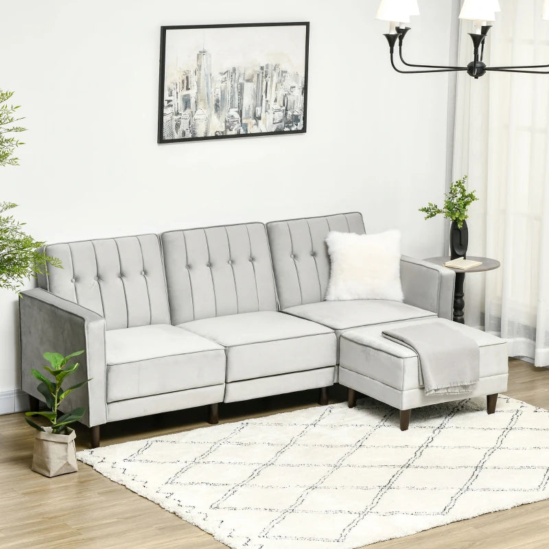 Light Grey L-Shaped Sofa Bed Set with 3-Seater Sofa and Footstool