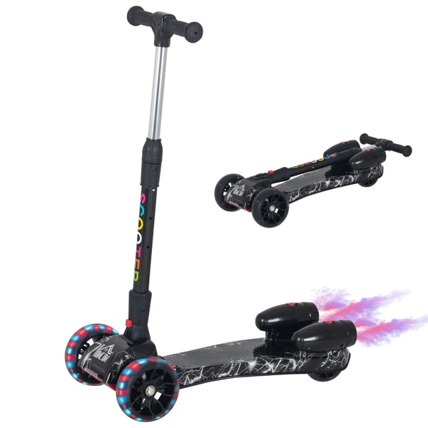 Black Kids 3-Wheel Scooter with Adjustable Height and Engine-Look Water Spray