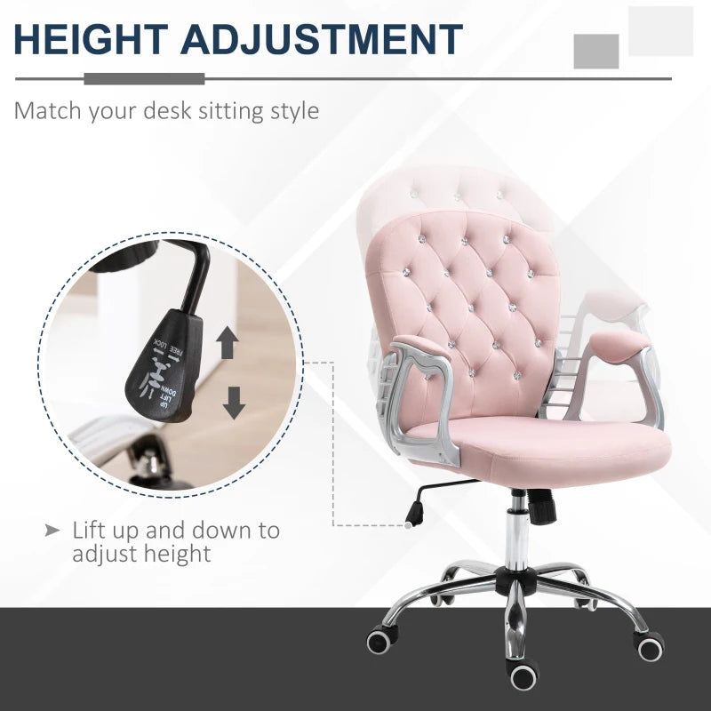 Velvet Pink Swivel Office Chair with Adjustable Height and Wheels