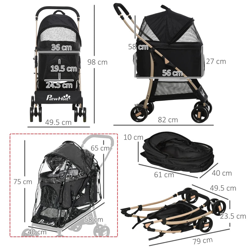 Black Pet Stroller with Rain Cover, 3-in-1 Cat Dog Pushchair