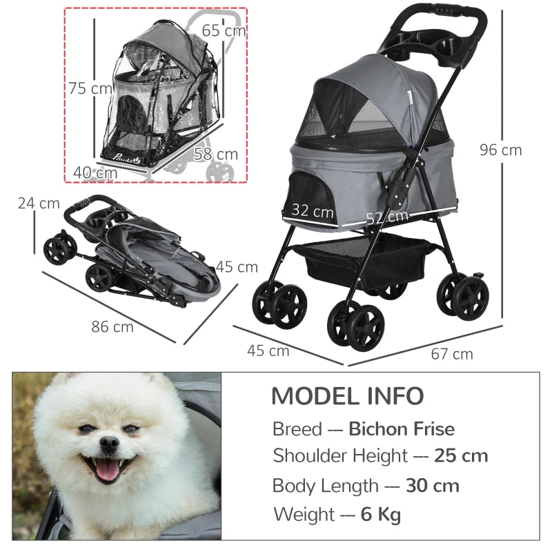 Grey Dog Stroller with Rain Cover, One-Click Fold, EVA Wheels, Safety Leash - Small Dog Pushchair