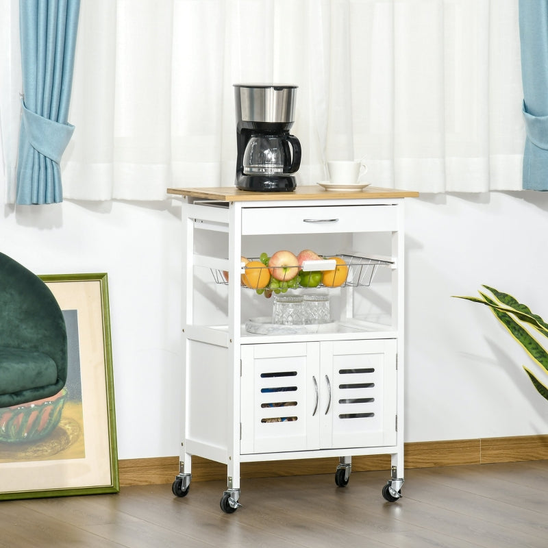 White Rolling Kitchen Island Trolley with Bamboo Top and Storage