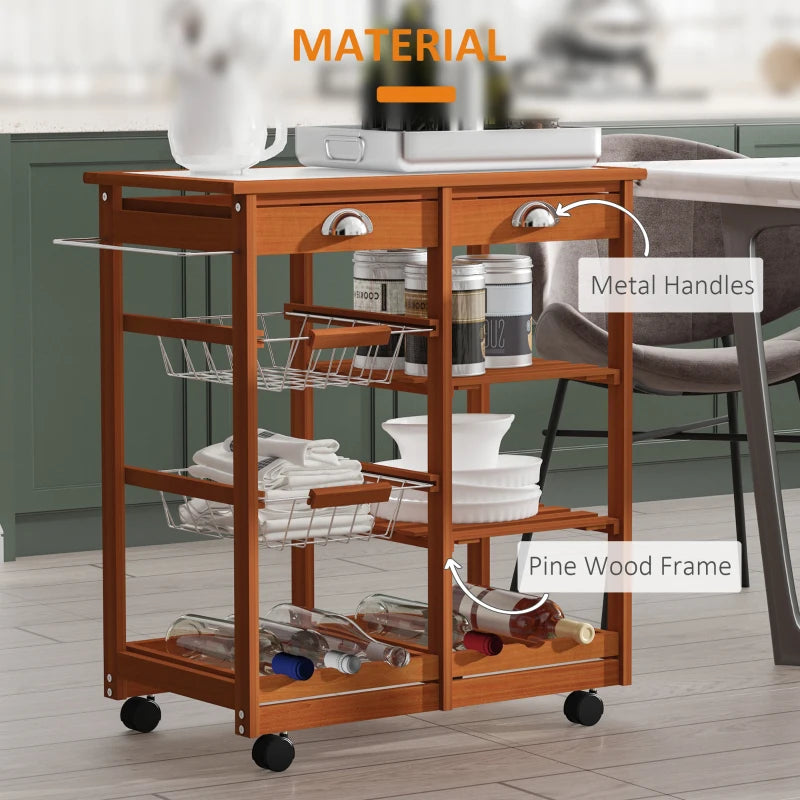 Rolling Kitchen Cart with Drawers, Baskets, Wine Rack & Tile Top - Natural Wood