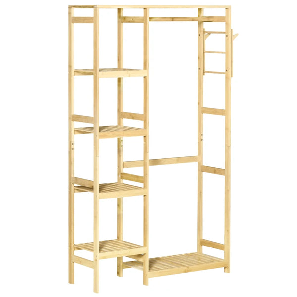 Natural Bamboo Garment Rack with Storage Shelf and Hanging Rail