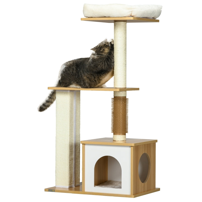 Oak Tone Cat Tree with Scratching Posts and Perches - 59.5 x 39.5 x 114cm