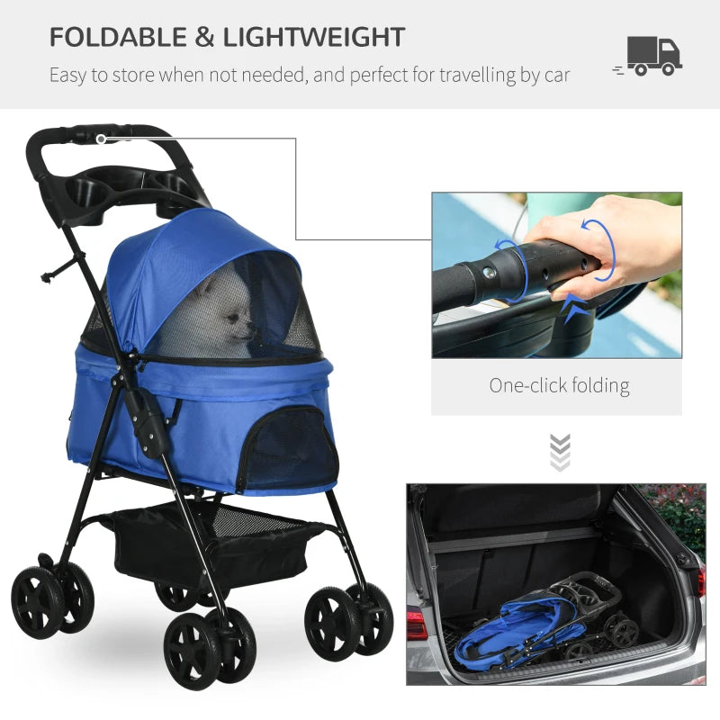 Blue Pet Stroller with Canopy and Storage - Foldable Dog Cat Pushchair