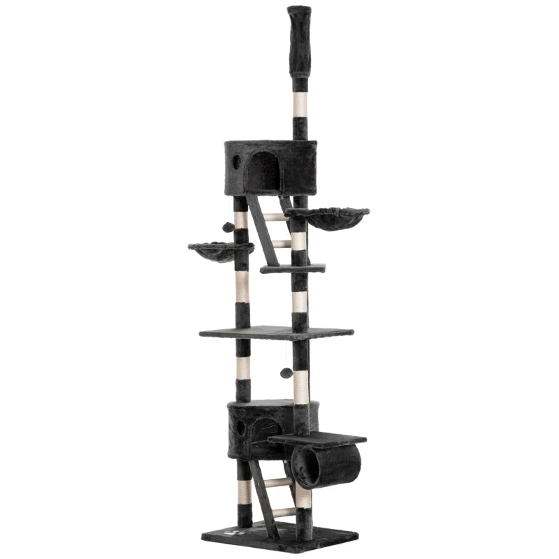 Adjustable Floor-to-Ceiling Cat Tower with Condos and Hammocks, Dark Grey