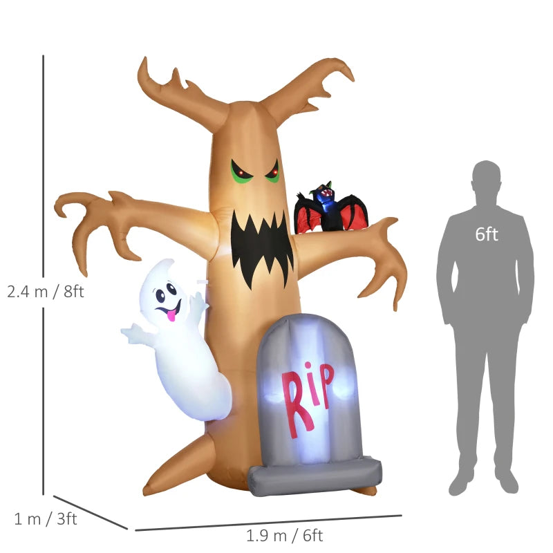 8ft Inflatable Halloween Ghost Tree with White Ghost and Tombstone, Outdoor LED Display - Spooky Decor for Lawn & Garden