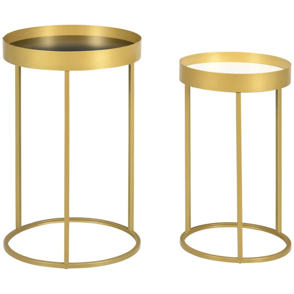 Gold Round Nesting Tables Set, Embedded Tabletop, Metal Frame - Living Room, Bedroom Side Table Duo