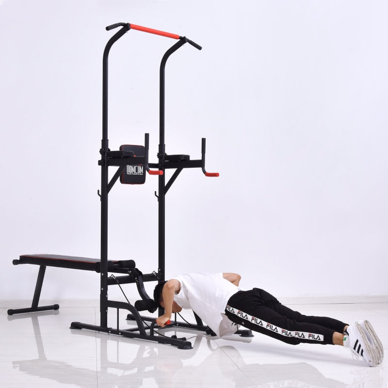 Black Multifunction Home Workout Power Tower with Sit-up Bench and Push-up Bars