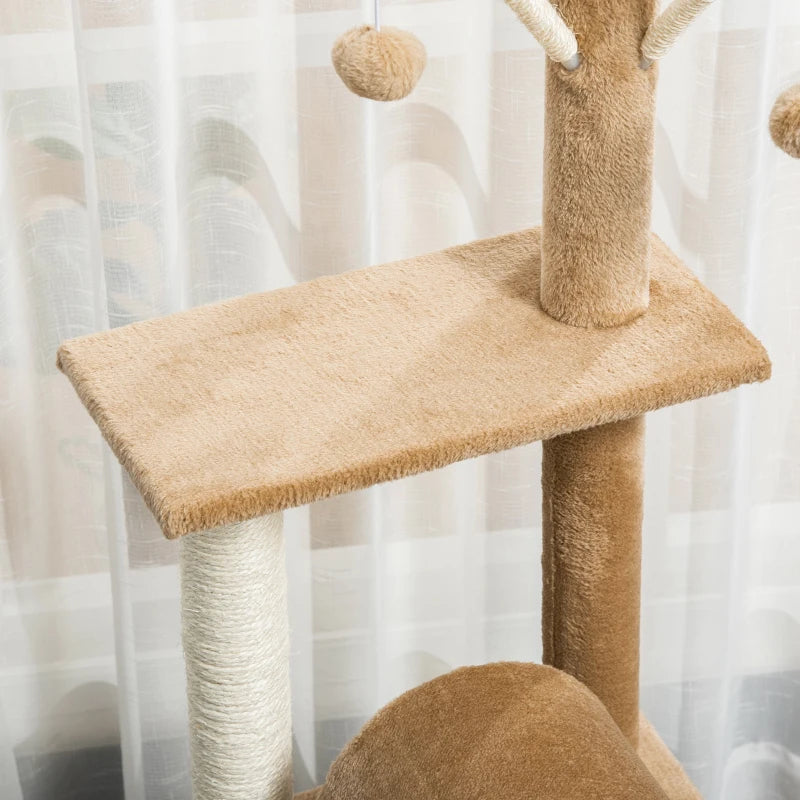 Brown Cat Tree Tower with Scratching Post & Toys - 121cm