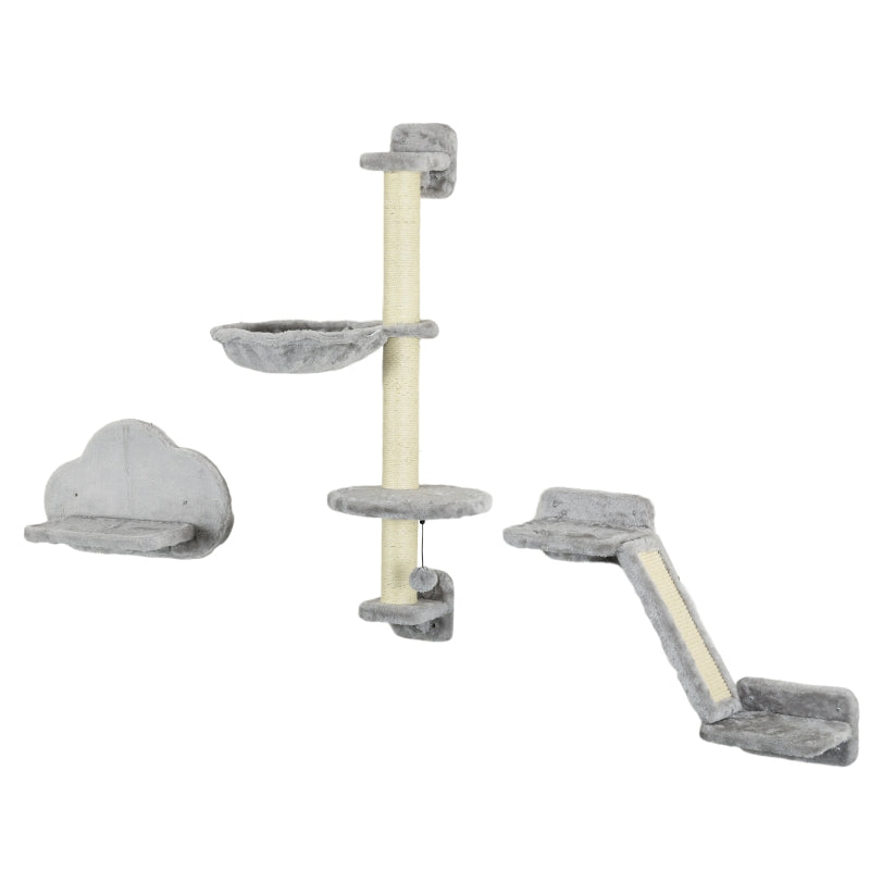 Grey Cat Wall Shelf Set with Hammock, Ladder, Platforms, Scratching Post