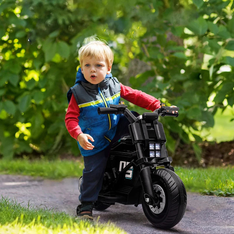 Black Kids Electric Motorbike with Siren, Horn, Headlights, Music & Training Wheels - Ages 3-5
