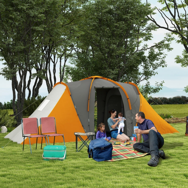 Orange 2-Bedroom Camping Tunnel Tent, 2000mm Waterproof, Portable for 4-6 People