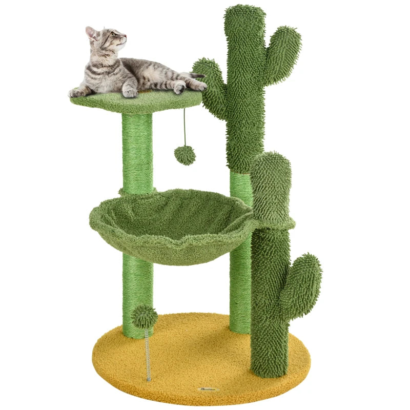 Green Chenille Cactus Cat Tree - 82cm Height with Scratching Post & Hammock