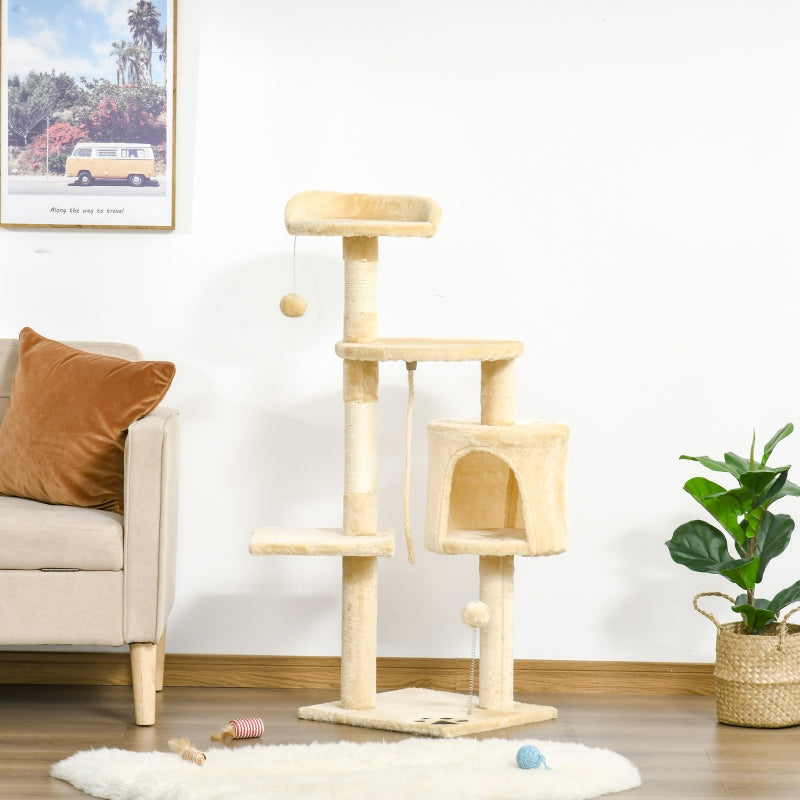 Beige Cat Tree Condo with Toys - 4-tier 114cm Tall