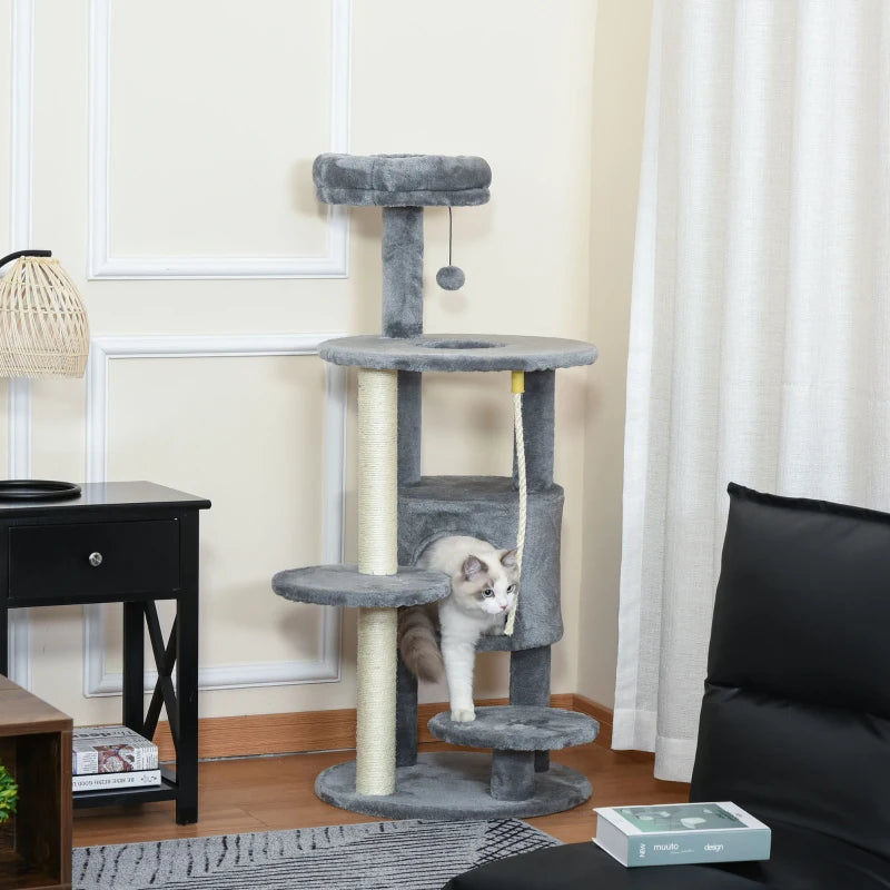 Dark Grey Cat Tree Tower with Toy Ball and Teasing Rope