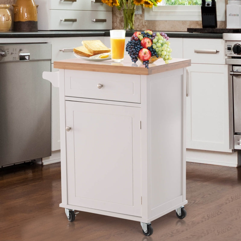 White Kitchen Storage Trolley with Drawer and Cupboard