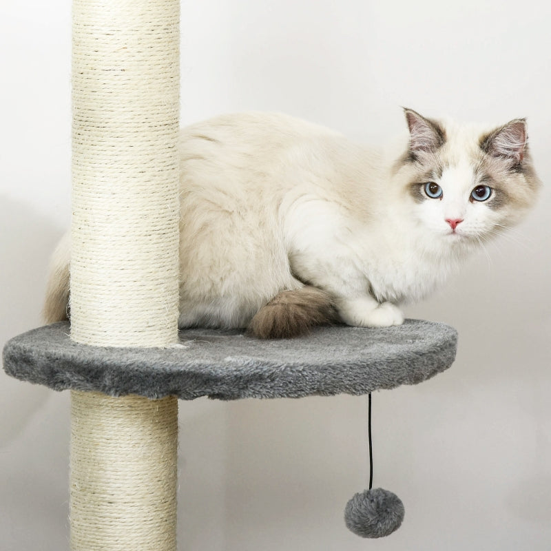 Cat Tree Condo with Scratching Post and Hanging Balls, Light Grey