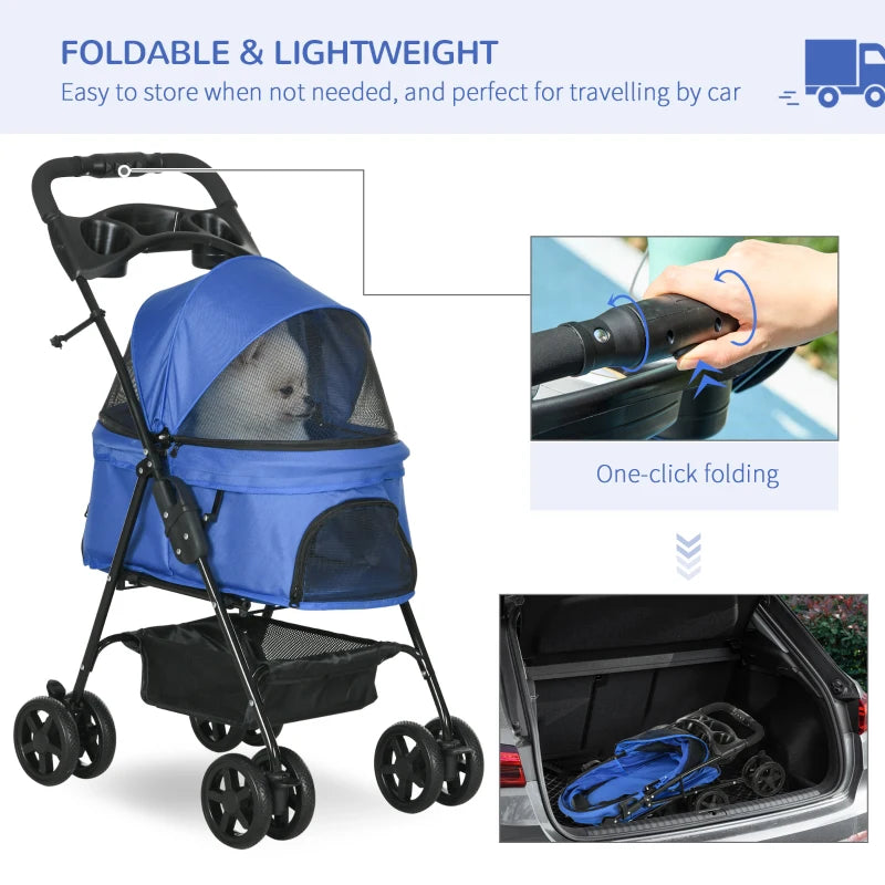 Blue Dog Stroller with Rain Cover and Safety Features