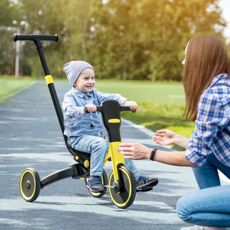 Yellow 4-in-1 Kids Tricycle with Adjustable Push Handle