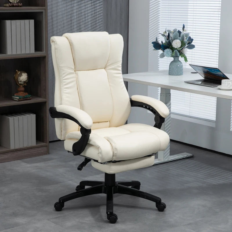 Swivel Office Chair with Footrest, Wheels, Adjustable Height - Cream White