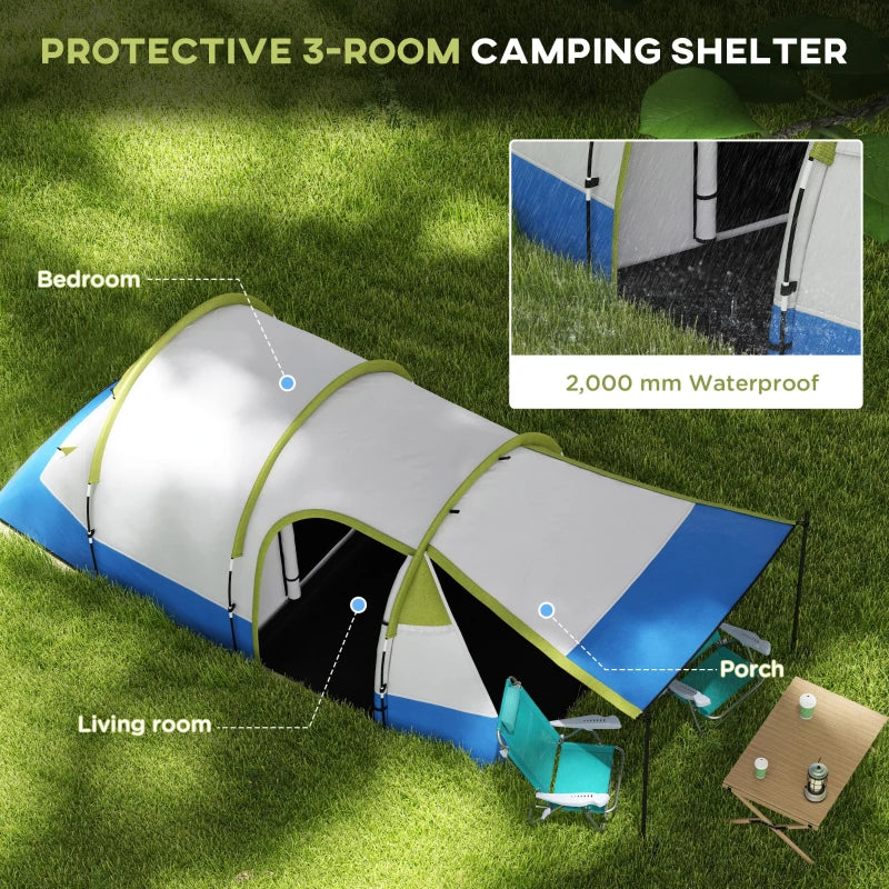 Green 3-Person 2-Room Tent with Porch and Accessories