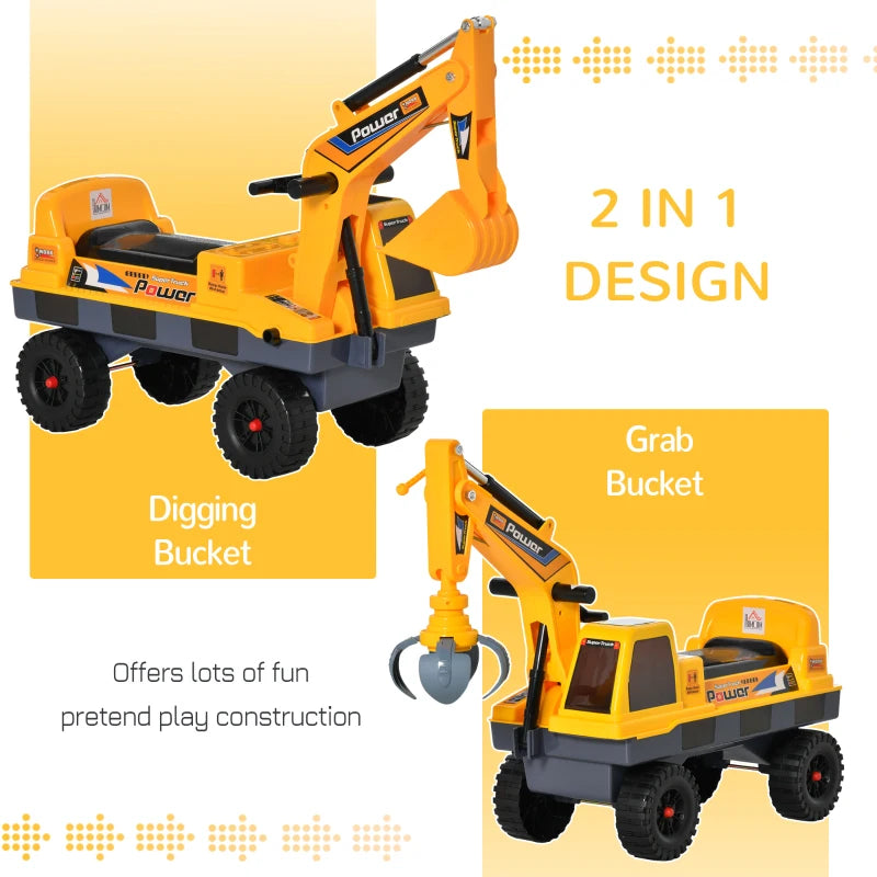 Kids Yellow Ride-On Excavator with Detachable Digging Bucket and Grab Bucket