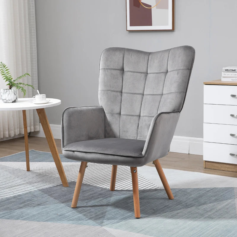 Grey Velvet Tufted Wingback Armchair with Wood Legs