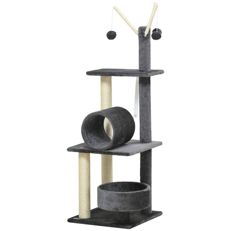 Grey Cat Tree Tower with Scratching Post and Interactive Toys