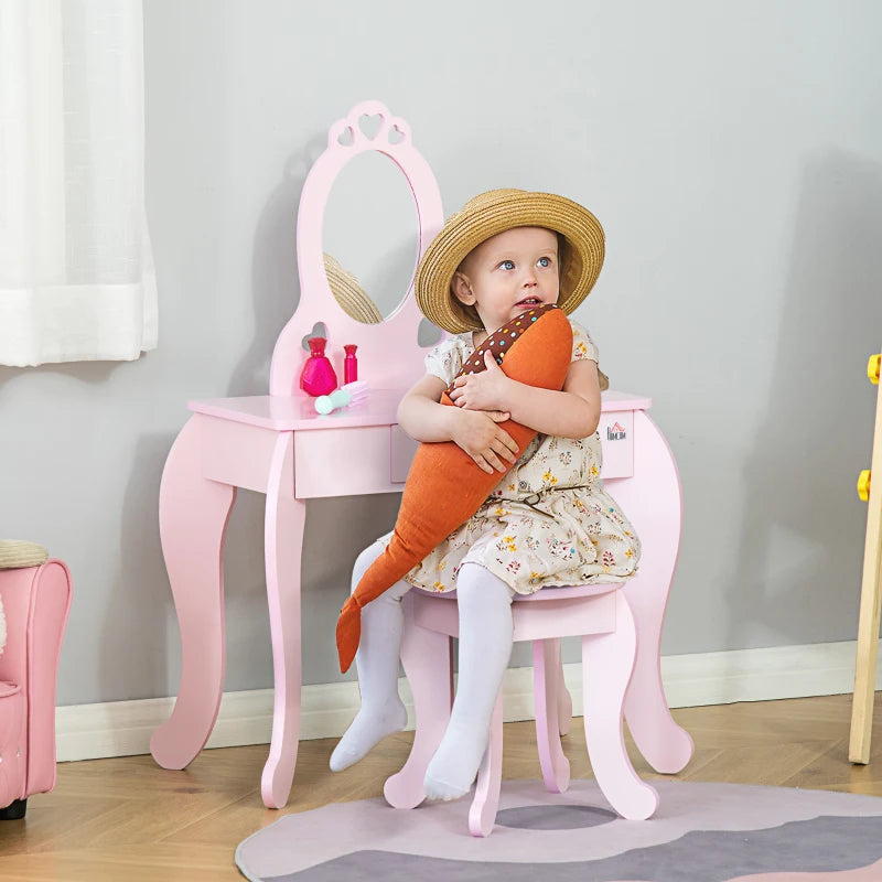 Kids Pink Vanity Table & Stool Set with Mirror - Dressing Play Desk