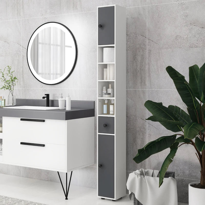 Grey 180cm Slim Bathroom Storage Cabinet with Drawer, Shelves, and Cupboards