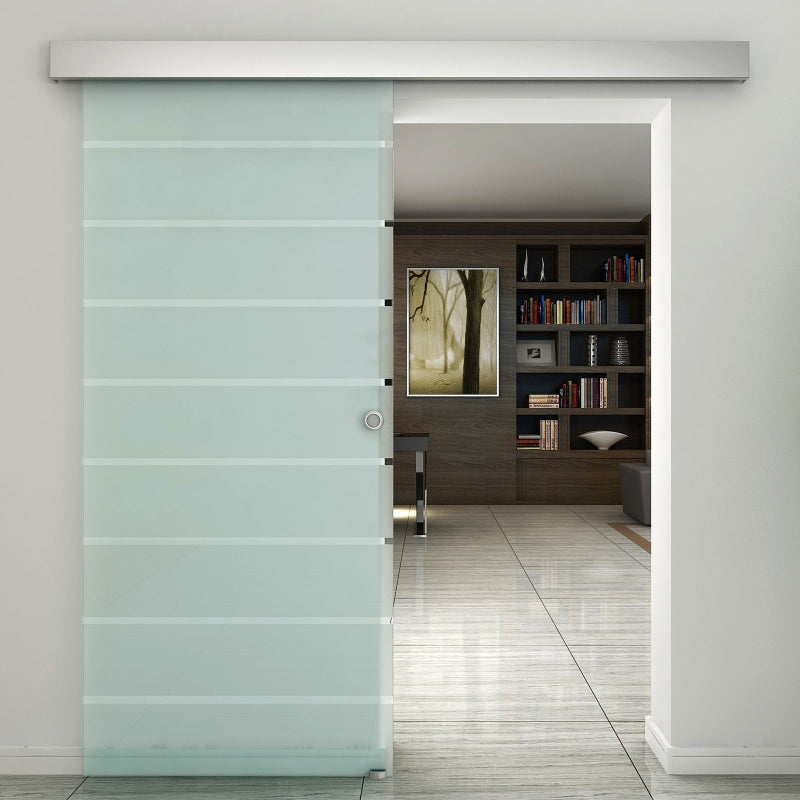 90cm Frosted Glass Sliding Door Kit with Stripe Pattern, Round Handle