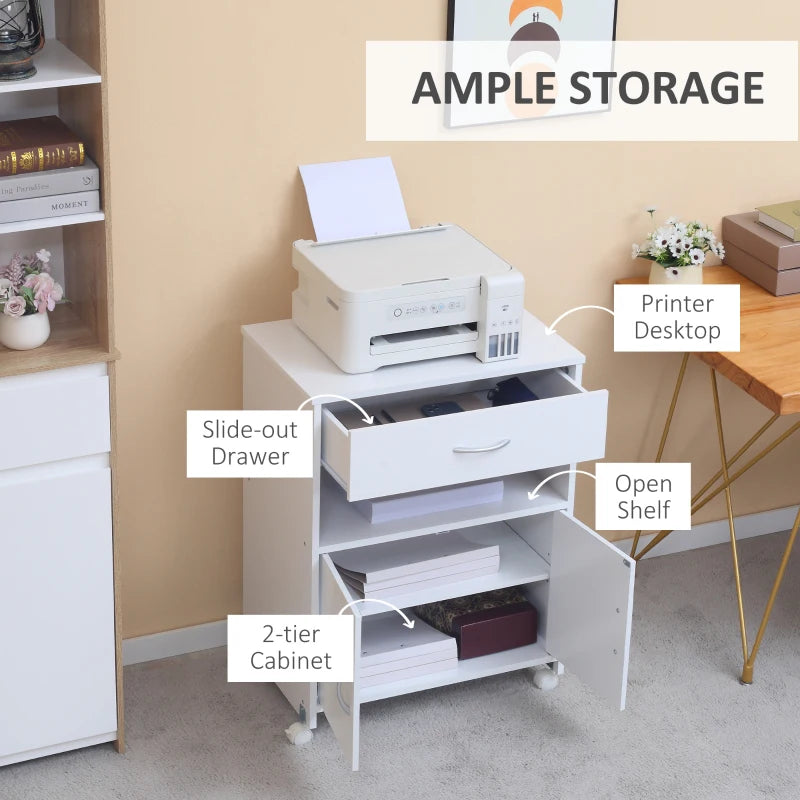White Printer Stand with Storage Drawer for Home Office