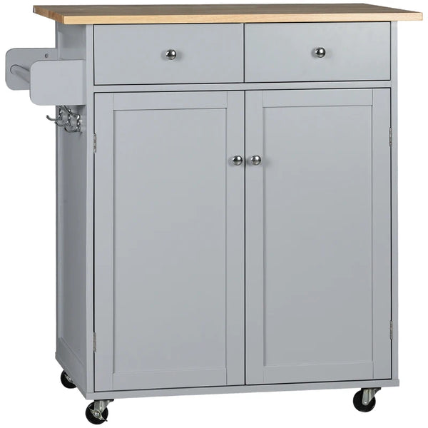 Grey Rolling Kitchen Island Cart with Rubber Wood Top and Storage